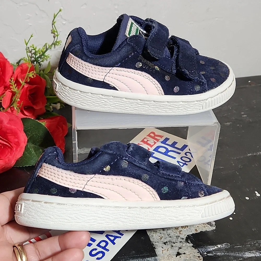 PUMA Kinder Fit Blue Pink Suede Polka Dot Strap Sneaker 5
